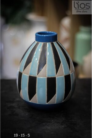 BINH96-Bình gốm decor, cắm hoa hình dáng đẹp họa tiết caro tinh tế màu xanh