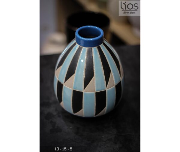 BINH96-Bình gốm decor, cắm hoa hình dáng đẹp họa tiết caro tinh tế màu xanh