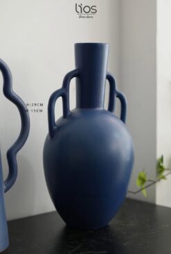 Bình gốm men mờ 2 quai màu xanh coban